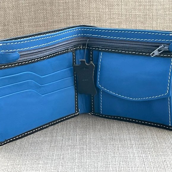 Men Wallet Genuine Leather Bifold Handmade Billfold BlueBlack Card Holder
